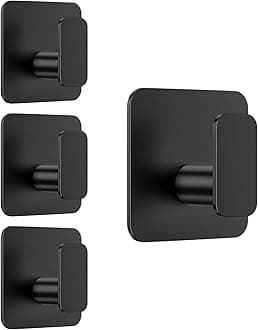 Black Hooks for Hanging Heavy Duty, Adhesive Hooks for Shower, Bathroom, Kitchen, Robe, Towel, Coat, Waterproof & Rustproof Hook for Walls No Damage, Sticky Wall Towel Hooks - 4 Pack