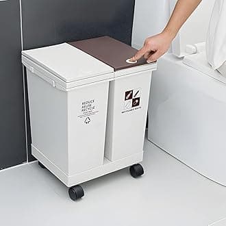 6 Gallon - 12L x 2 Compartment Trash Can with Wheels, Double Garbage Can and Recycling Bin with Lid, Detachable & Press-Open Lid Sorting Trash Can Kitchen, Plastic Dual Compartment Trash Can Kitchen