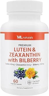 ML Naturals Premium Lutein & Zeaxanthin with Bilberry 60 Vegetable Capsules. Lutein 40 mg, Zeaxanthin 5 mg, and Bilberry 100 mg. Premium Quality. Healthy Eyes & Vision, Third-Party Lab Tested
