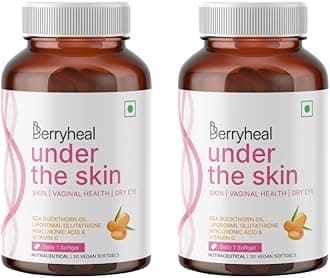 Under The Skin L-Glutathione (250mg) Hyaluronic Acid Vitamin C Sea Buckthorn (Omega 3679) Vegan Skin Supplement for Women | Face Capsules for Glowing Skin | Collagen Booster, Hydration & Anti-Ageing Support | 60 Capsules