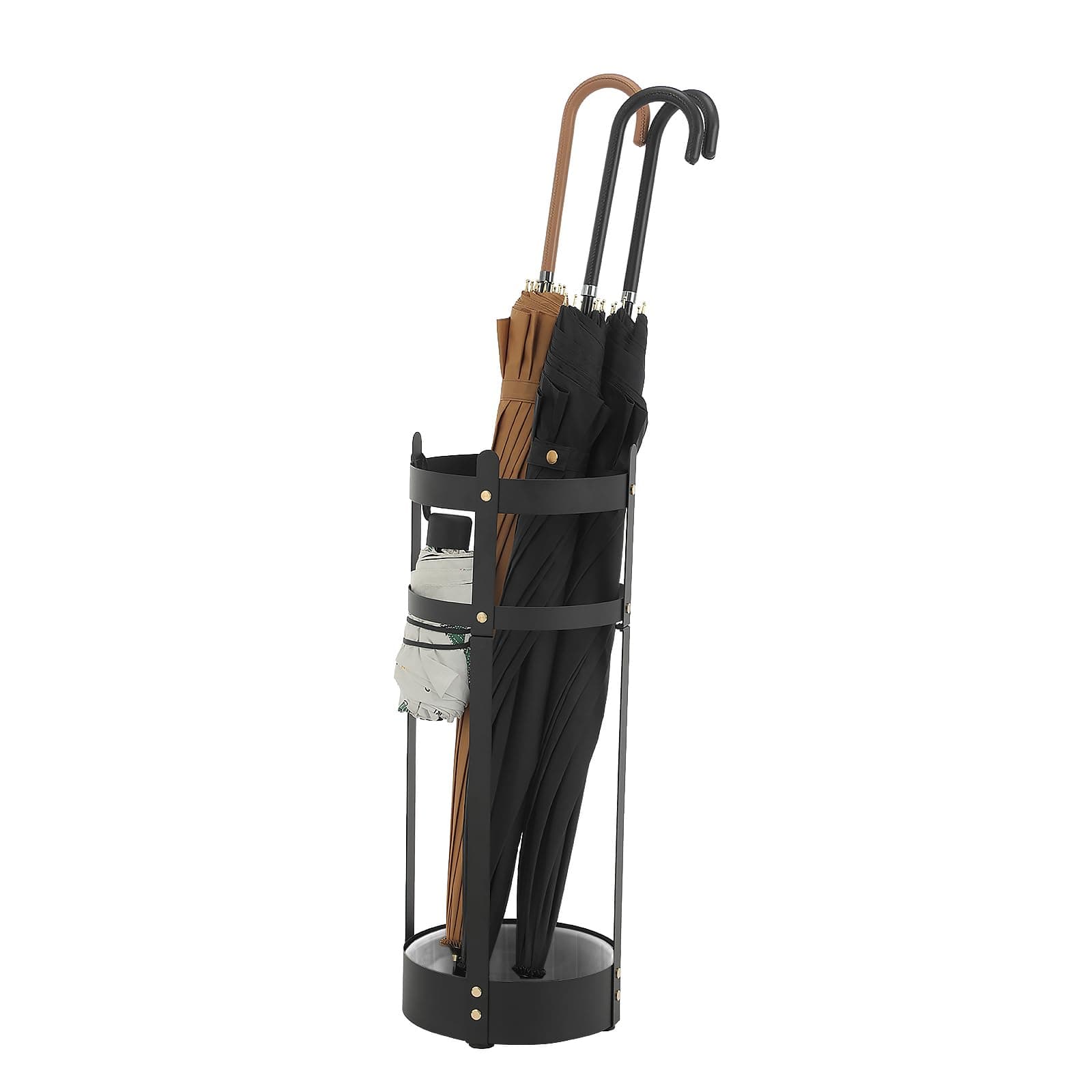 SONGMICS Umbrella Stand, Steel Round Umbrella Holder Rack, 7.7 x 7.7 x 21.7 Inches, with Detachable Drip Tray, for Entryway, Office, Stable, Assembly Required, Matte Black ULUC28BK