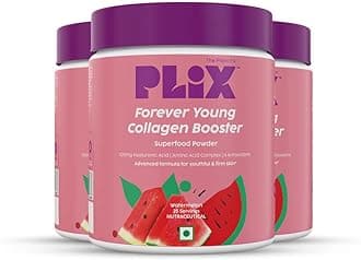 PLIX Collagen Supplement Powder to support Skin Elasticity, Firmness & Youthful Glow | 100% Plant-based with Hyaluronic Acid & Vitamin C | For Women & Men | Watermelon Flavour, Pack of 3