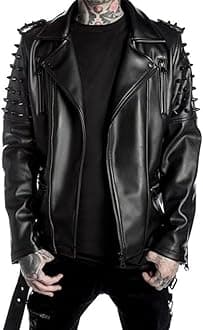 Men's Brando Notch Lapel Collar Punk Studded Spikes Real Motorbike Black Leather Jacket Rider Rock Classic Streetwear