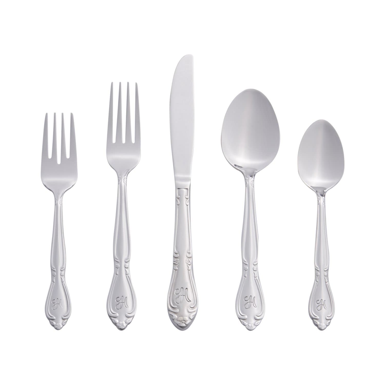 RiverRidge Rose Monogrammed Flatware Set 46 Piece Silverware - H - Utensils Set with Serving Pieces, Heavy Gauge Stainless Steel, Mirror Finish, Dishwasher Safe Cutlery for Daily Use