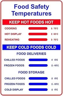 Food Safety temperatures Safety Sign - Self Adhesive Sticker (100mm x 150mm)
