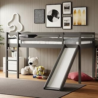 Twin Loft Bed with Slide for Boys and Girls,Toddler Loft beds with Safety Rails & Ladder,Save Space Design for Kids, Teens, Girls, Boys, No Box Spring Needed, Grey