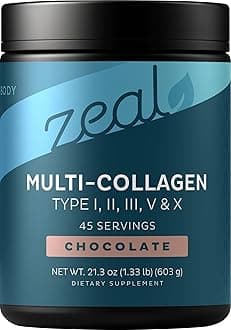 Zeal Naturals Multi Collagen Protein Peptides Powder Types I II III V X - Vitamin C, Biotin & Hyaluronic Acid - Hair, Skin & Nails - Marine, Bovine, Chicken & Eggshell - Chocolate, 45 Servings