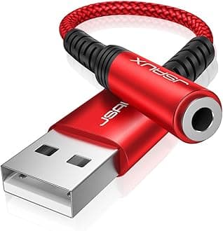 JSAUX USB to 3.5mm Jack Audio Adapter, TRRS 4-pole Stereo External USB Sound Card Aux Headset Microphone Converter with DAC Chip Compatible with Headphone Mac PS4 PC Laptop Desktops -Red