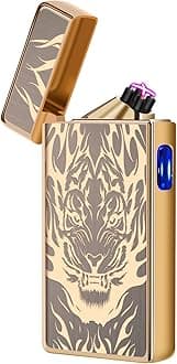 LcFun Plasma Lighter Type C Rechargeable Windproof Lighter USB Electric Lighter Flameless Dual Arc Lighter Electronic Cool Lighters for Candle, Incense Stick, Outdoor Camping (Gold Tiger)