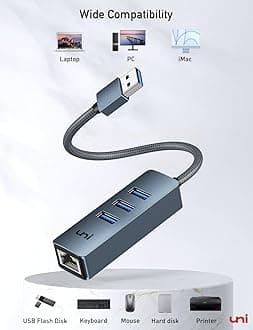 USB to Ethernet Adapter, uni USB 3.0 HUB with Ethernet, 1Gbps RJ45 LAN Network Adapter, for HardDisk Mouse Keyboard, Compatible with MacBook Surface Pro Chromebook, Windows XP Linux
