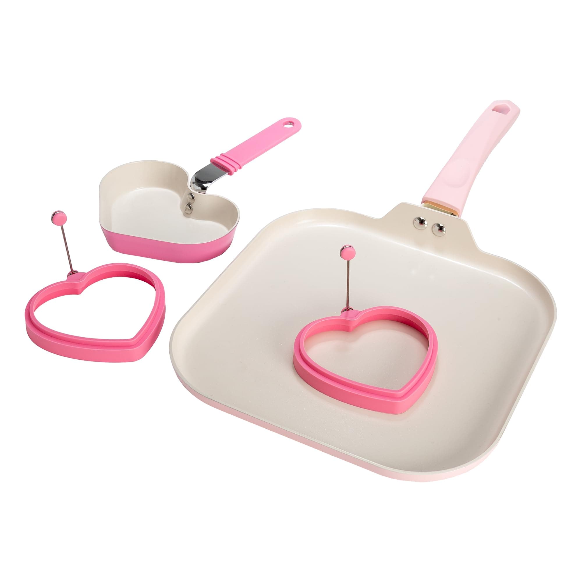 Breakfast Ceramic Nonstick Cookware Set, Includes Square Griddle, Mini Heart Shaped Fry Pan and Two Silicone Heart Shaped Egg Rings, 4-Piece Set, Pink