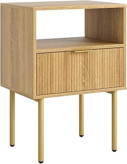 Masupu Night Stand,Mid-Century Modern Bedside Table with Storage Drawer and Open Wood Shelf,Small Gold Frame Side Table for Bedroom,Living Room, Natural