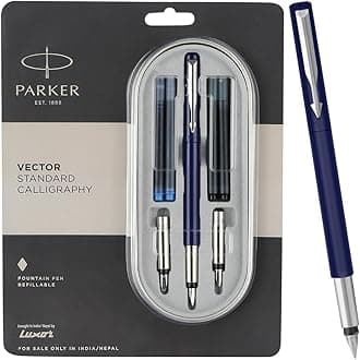 Parker Vector Standard Chrome Trim Calligraphy Fountain Pen | 7-Piece Set containts 2 Nibs, 2 Blue & 2 Black Ink Cartridges | Ideal for Creative Writing & Fine detailing