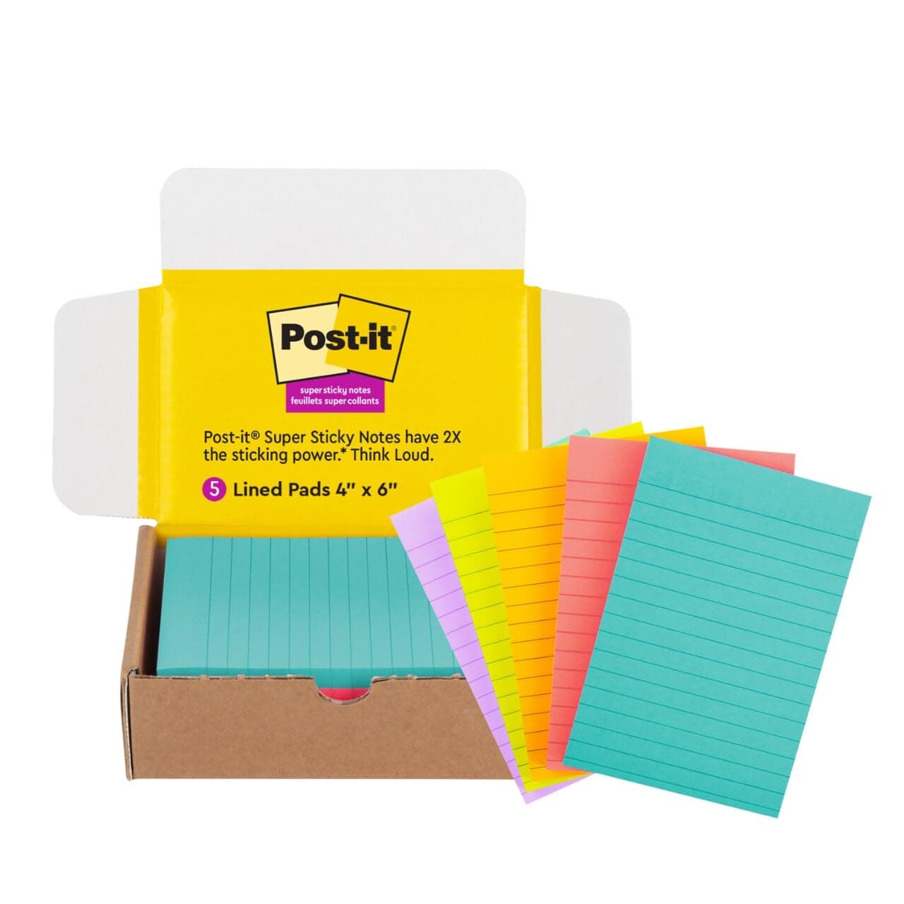 Post-it Super Sticky Notes, 4x6 in, 5 Pads/Pack, 90 Sheets/Pad, Amazon Exclusive Bright Color Collection, Aqua Splash, Acid Lime, Sunnyside, Guava and Iris Infusion
