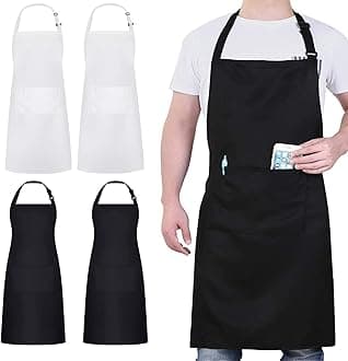 4 Packs Chef Apron, Black Apron with 2 Pockets, Waterproof Adjustable Apron for Men Women Perfect for Kitchen Cooking Baking Gardening Restaurant BBQ Coffee House, Professional Apron