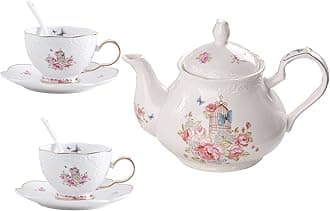 YBK Tech Strengthen Porcelain Coffee Pot Ceramic Teapot- Pink Rose (Teapot+ 2 sets of cup and saucer)