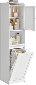 Tall Storage Cabinet, Storage Unit with Removable Laundry Basket, Compartment and Cabinet, for Bathroom, Living Room, 15.8 x 15.8 x 66.9 Inches, Cloud White UBBC761W01