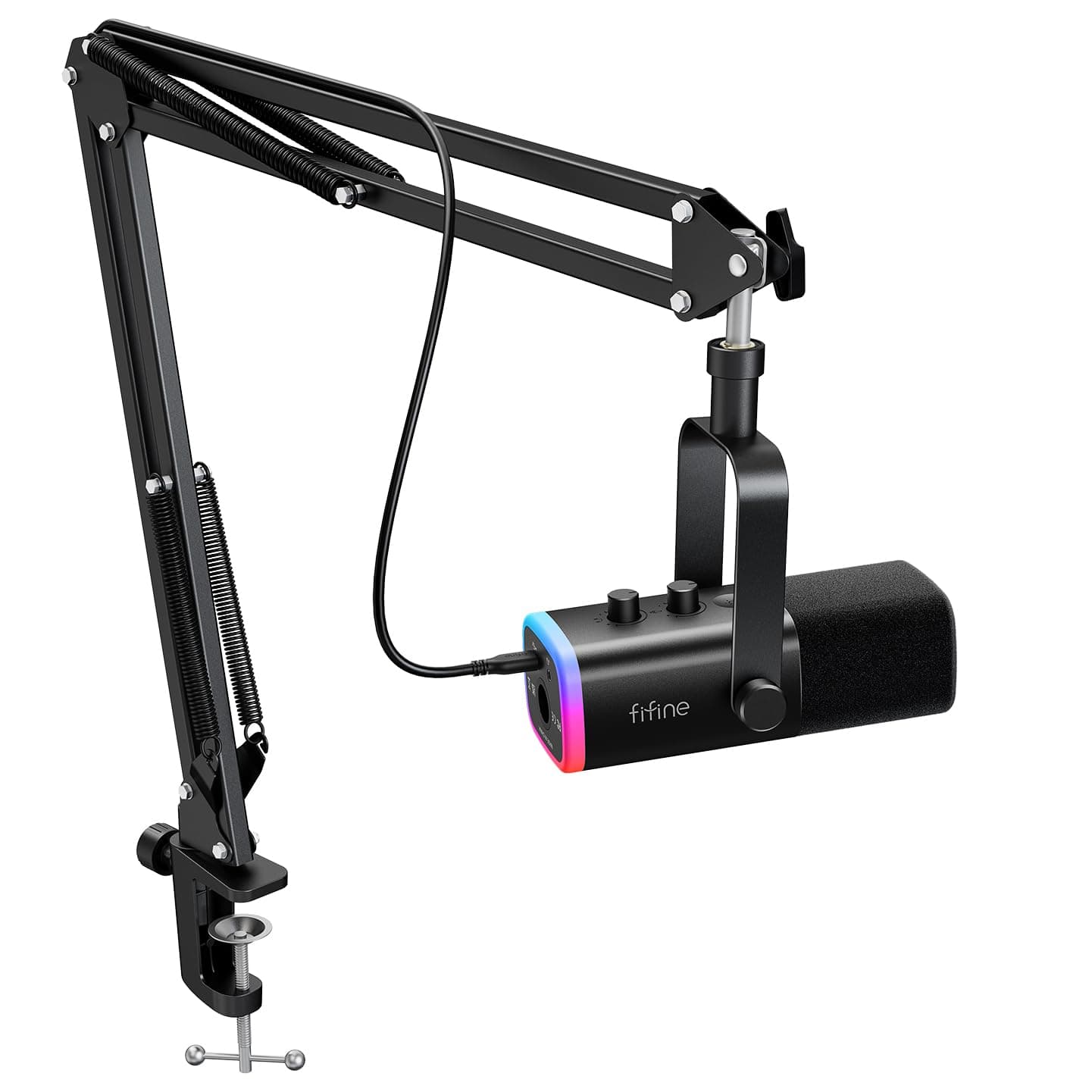 FIFINE XLR/USB Mic Set for Streaming & Podcasting, Dynamic RGB Mic Kit with Boom Arm Stand, Mute Button, Headphones Jack, for Recording Vocal & Voice-Over-AmpliGame AM8T