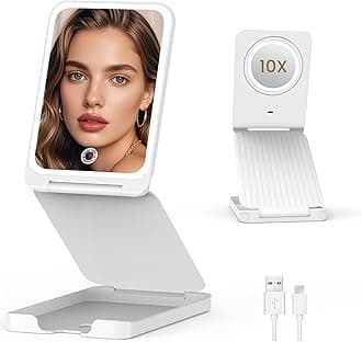 Travel Makeup Mirror with Lights, Foldable 1X Vanity Lighted Mirror with 10X Magnification, Rechargeable 1500mAh Battery, Dimmable Touch Screen, Freely Adjust Height and Angle