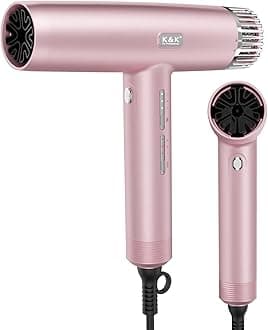 K&K Professional Hair Dryer, 110000 RPM/m Brushless Motor Ionic 1800W Blow Dryer, Low Noise Fast Drying 340g Lightweight Dryer with 3 Speeds 3 Heating for Home, Salon and Travel Pink