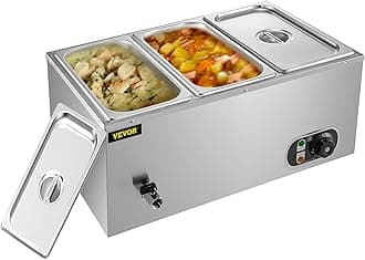 VEVOR 110V 3-Pan Commercial Food Warmer, 1200W Electric Steam Table 15cm/6inch Deep, Professional Stainless Steel Buffet Bain Marie 16 Quart for Catering and Restaurants