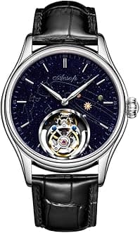 - Tourbillon Mechanical Men Watches Skeleton Tourbillon Movement Hand Wind Analog Wristwatches Blue Sandstone Starry Sky Dial Sapphire Business Luxury Watch with Leather Strap 7049