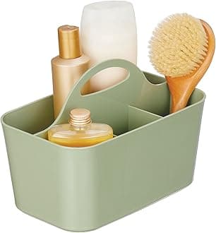 mDesign Small Plastic Shower/Bath Storage Organizer Caddy Tote with Handle for Dorm, Shelf, Cabinet - Hold Soap, Shampoo, Conditioner, Combs, Brushes, Lumiere Collection, Olive Green