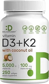 Vitamin D3 5,000 IU + K2 MK7 100mcg Softgels | 2-in-1 Complex with Virgin Coconut Oil | Supports Heart, Bone, Teeth & Immune Health | Easy to Swallow
