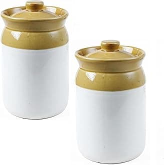 Clay Used Pottery Hand Painted Ceramic Pickle Jars 2kg, (Cream, Set of 2 pcs) Cornichon Storage Jar for Spices, Masala, Achar, Pickles