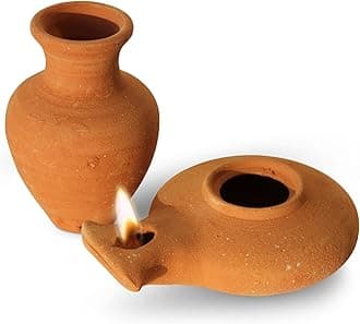Biblical Herodian Clay Oil Lamp with Jar - Authentic Terracotta Replica from Holy Land Archaeological Finds - Handmade Christian & Jewish Faith Artifact