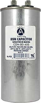 Appli Parts Run Capacitor for ac 80 Mfd uF (microfarads) 370 VAC or 450 VAC CBB65 Round Universal fit for hvac and other applications 5-1/4 in High 2 in Wide CON-80-450