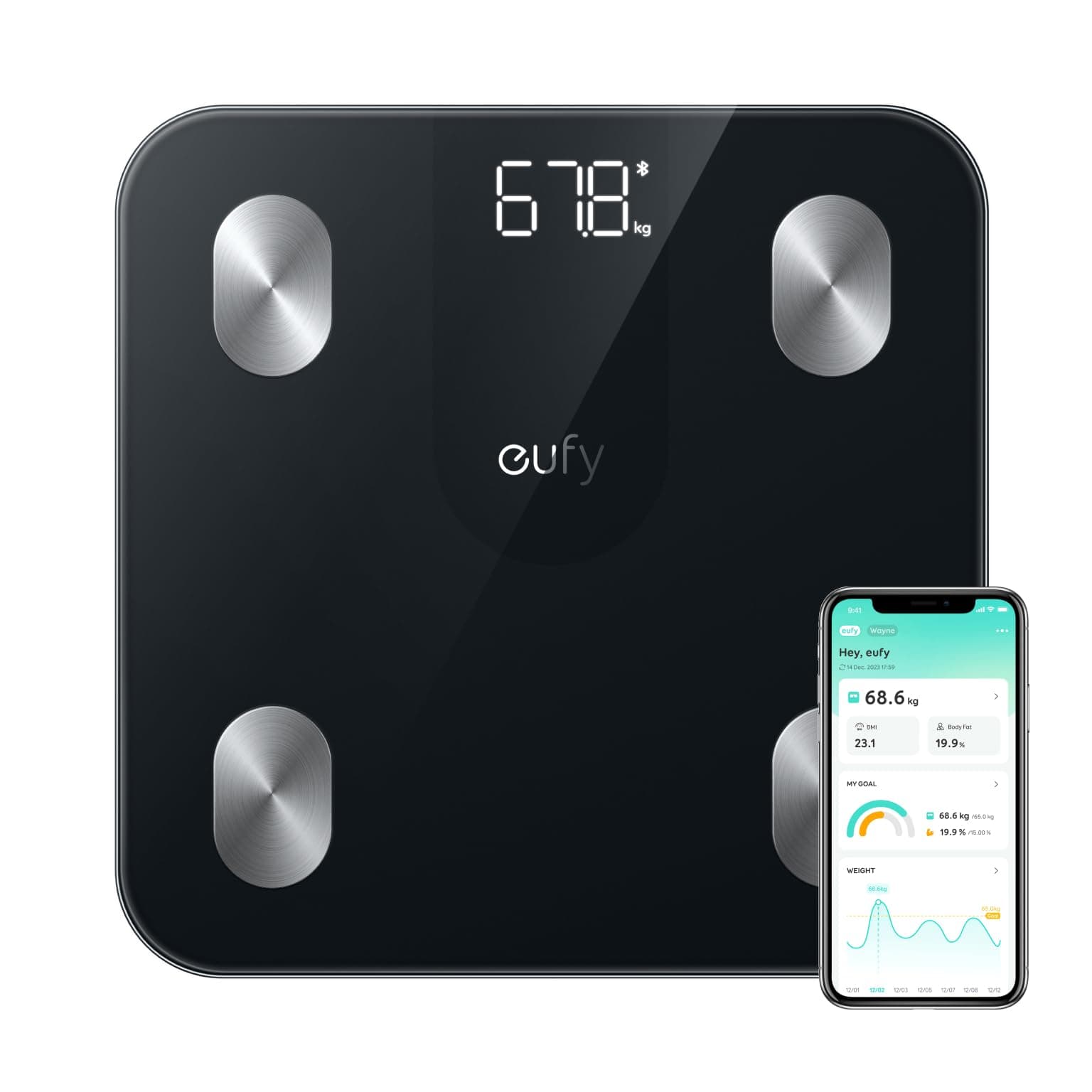 eufy Smart Scale A1 with Bluetooth, Body Fat Scale, Wireless Digital Bathroom Scale, 12 Measurements, Weight/Body Fat/BMI, Fitness Body Composition Analysis, Black, lbs/kg.
