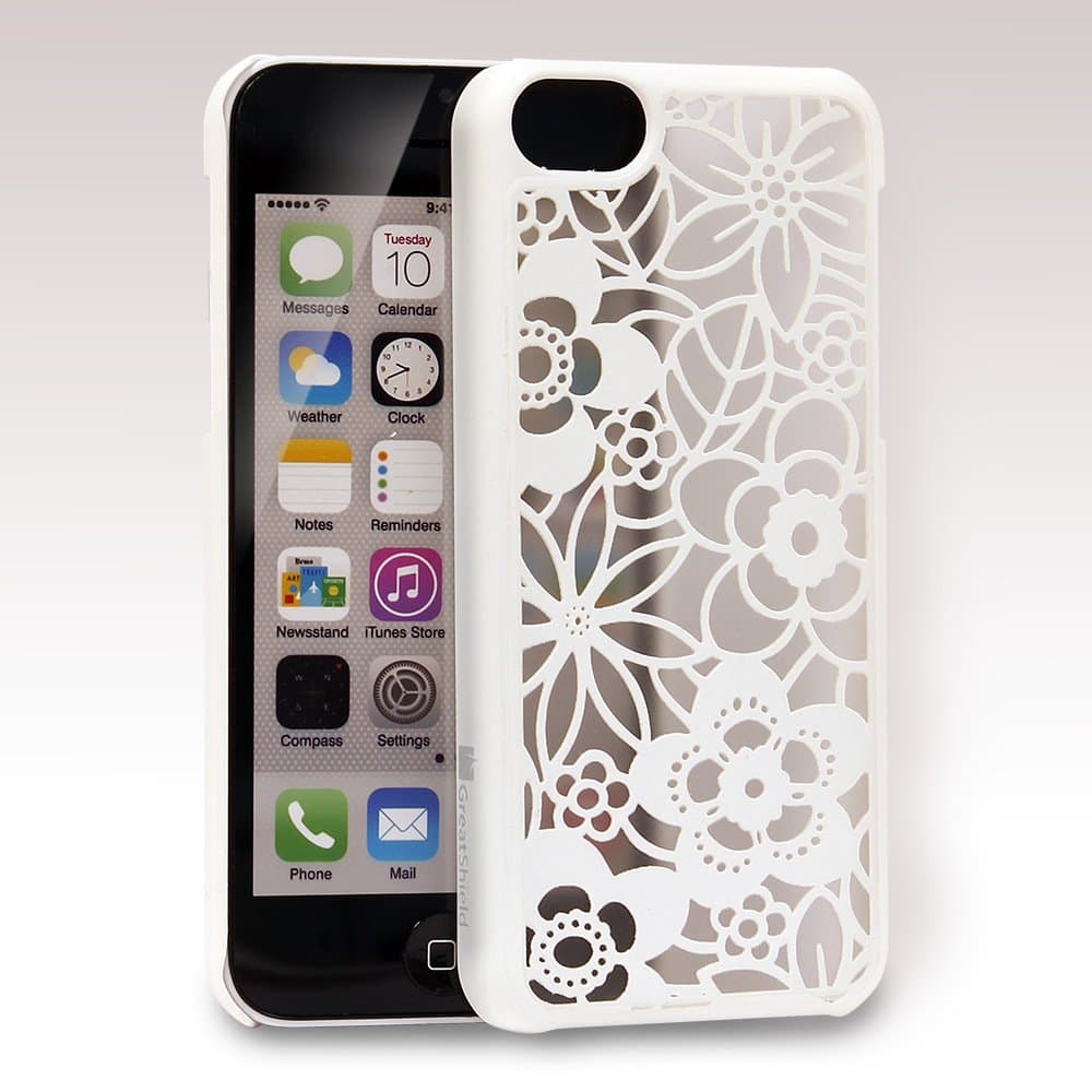 iPhone 5C Case, GreatShield [TACT | Flora Design] Flower Pattern Rubber Coating Embossed Snap On Case Back Cover for Apple iPhone 5C (White)