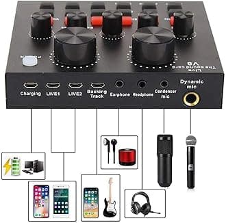 Podcast Equipment Bundle, with BM800 Podcast Microphone and V8 Sound Card, Voice Changer - Audio Interface -Perfect for Recording, Singing, Streaming and Gaming (V8-Black), SK01