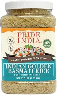 Pride Of India - Extra Long Indian Golden Basmati Rice - Healthy Parboiled Sella Grain, 3lbs Jar