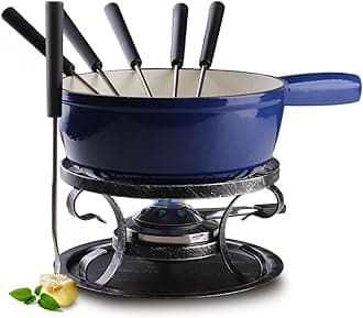 Artestia Cast Iron Fondue Pot Set for Cheese & Chocolate, Fondue Set for 6 with Burner & 6 Forks, Swiss Fondue Pot for Party, Family & Gift, Blue