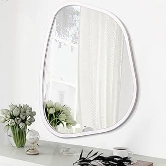 White Irregular Bathroom Mirror Modern Oval Wall Mirror Asymmetrical Wooden Framed Wall Mirror Unique Shape Wall Mounted Vanity Artistic Mirror Decor for Living Room Bedroom Entryway Small 14"x10"