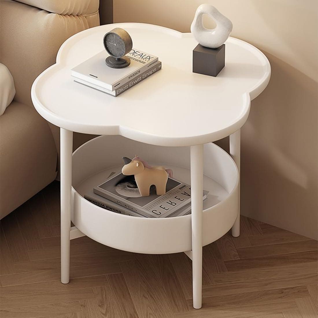 Forthcan 2-Tier End Table, Sofa Side Table, Modern Small Coffee Table Accent Table with Round Tray for Living Room, Bedroom, Balcony, Patio (White)