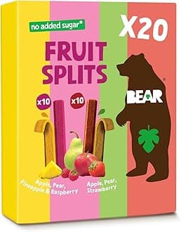 BEAR Real Fruit Snack Splits - Gluten Free, Vegan, and Non-GMO - Variety Pack (Apple/Strawberry, Raspberry/Pineapple)– Healthy School And Lunch Snacks For Kids And Adults, 0.7 Ounce (Pack of 20)