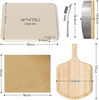 5 PCS Rectangle Pizza Stone Set, 16"Large Pizza Stone for Oven and Grill with Pizza Peel(OAK), Pizza Stone Brush,Pizza Cutter & 10pcs Cooking Paper for Free, Baking Stone for Pizza, Bread,BBQ