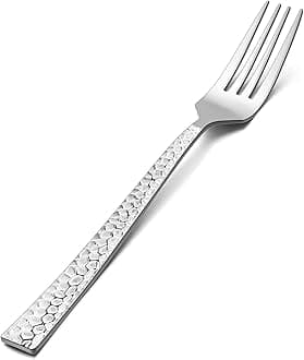 E-far Salad Forks Set of 12, E-far 6.7 Inch Stainless Steel Hammered Dessert Forks for Home, Kitchen or Restaurant, Non-toxic & Mirror Polished, Squared Edge & Dishwasher Safe