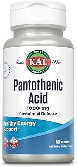 KAL Pantothenic Acid 1000mg, Sustained Release Vitamin B5 - Energy Supplements - Supports Metabolism of Carbs, Fat and Protein, Hair and Skin Health, Vegan, 60-Day Guarantee, 50 Servings, 50 Tablets