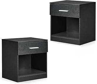 Set of 2 Modern Bedside Table with 1 Drawer & Open Shelf, Black Nightstand with Metal Handles, Wooden End Table for Bedroom, Living Room, Office (39x28x41cm)