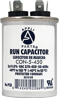 Appli Parts Run Capacitor for ac 5 Mfd uF (microfarads) 370 VAC or 450 VAC CBB65 Round Universal fit for hvac and other applications 2-1/2 in High 1-1/2 in Wide CON-5-450