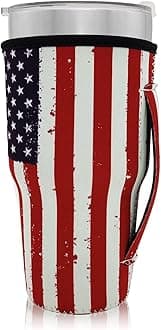 Reusable Iced Coffee Cup Sleeve Neoprene Insulated Sleeves Cup Holder with handle Idea for 30oz - 32oz Tumbler Cups, Protein Shake Bottles (Only Cup Sleeves) (American Flag)