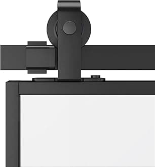 JUBEST 5FT Heavy Duty Black Top Mounted Barn Door Hardware Kit for 30IN Aluminum Framed Glass Door or Wooden Barn Door