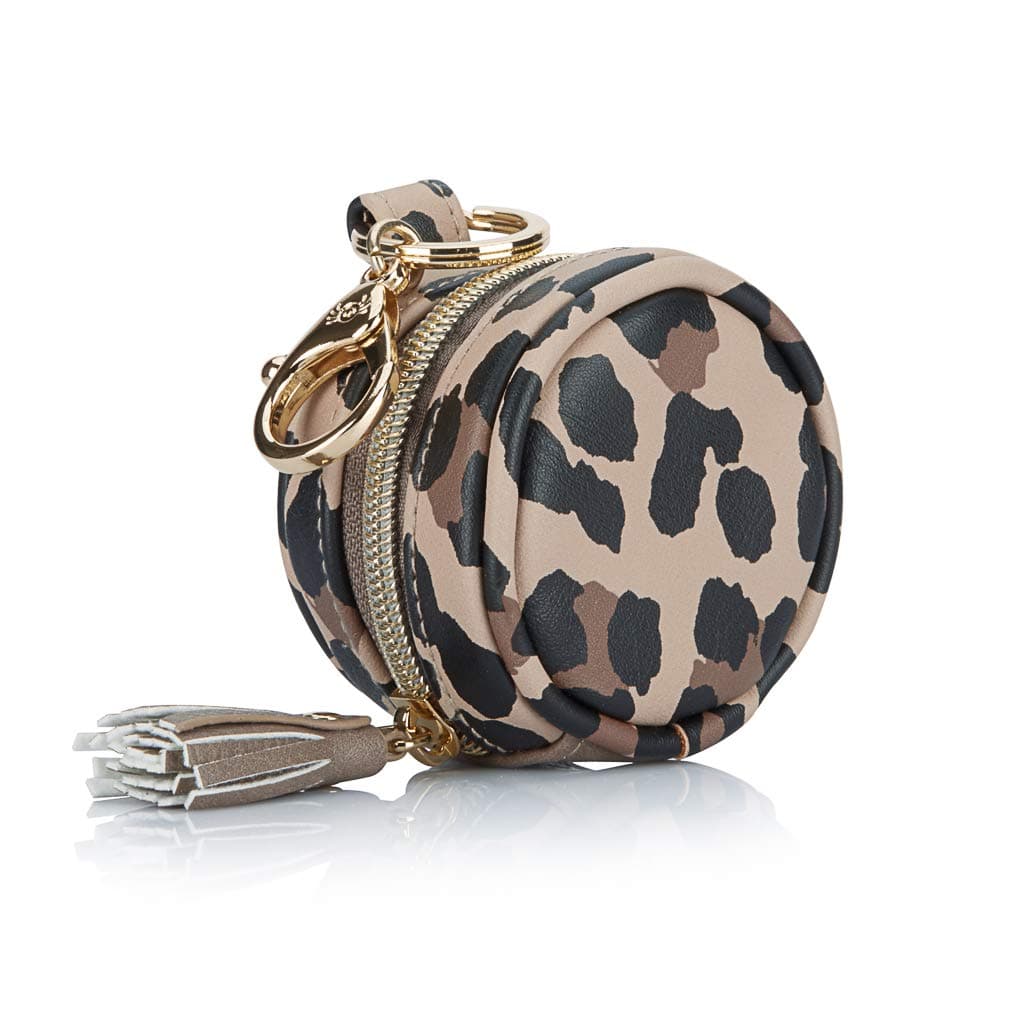 Itzy Ritzy Pacifier Holder Case with Clip - Pacifier Case Includes Clasp to Easily Attach to a Diaper Bag or Purse, Measures 2.5" in Diameter and Holds 2 Pacifiers (Leopard)