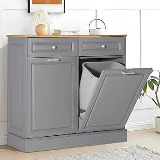 Anbuy Double Kitchen Trash Cabinets Dual Tilt Out Trash Cabinet with Two Solid Wood Hideaway Trash Holder Drawers, Free Standing Recycling Cabinet Trash Can Holder (Dual Gray)