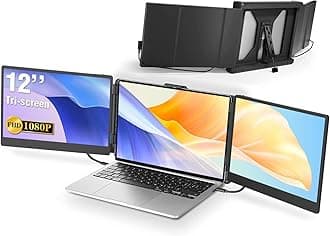 12'’ Laptop Monitor Extender for Triple Monitor Dispaly, FHD IPS Portable Monitor for 13”-16” Laptops, HDMI/USB-A/Type-C Plug-Play Tri-Screen for Windows, Chrome, Mac and Switch
