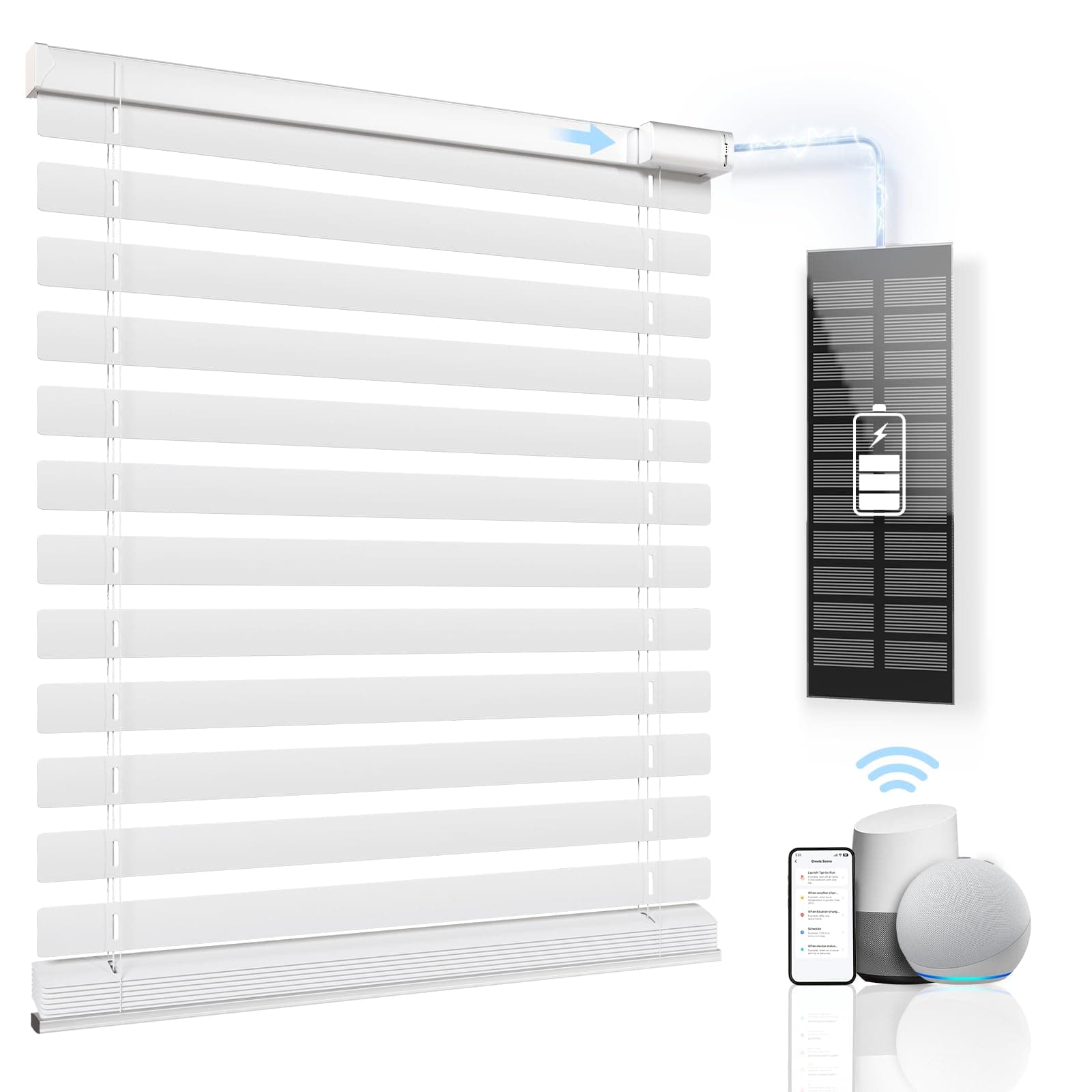 Motorized Smart Blinds With Remote Control - Solar Powered, Cordless, Automatic Electric Window Blinds - Light Filtering, Compatible With Google Alexa - White, 27" W x 64" H